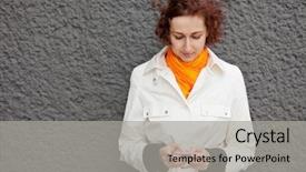  Presentation with smartphone - PPT layouts enhanced with attractive woman using her smartphone background and a light gray colored foreground