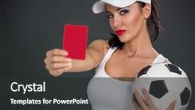  Presentation with soccer - Colorful PPT theme enhanced with attractive woman with a soccer backdrop and a dark gray colored foreground