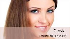  Presentation with indecision - Audience pleasing slide set consisting of attractive woman with bare shoulders biting her lip in indecision as she tries to make up her mind isolated on white backdrop and a lemonade colored foreground