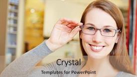  Presentation with retail store - Presentation design consisting of attractive woman with new glasses in optician retail store background and a coral colored foreground