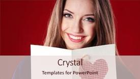  Presentation with postcard - Cool new presentation design with attractive woman with postcard on red background backdrop and a lemonade colored foreground