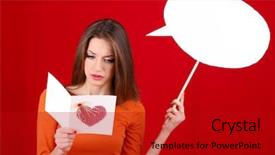  Presentation with postcard - Colorful presentation design enhanced with attractive woman with postcard on red background backdrop and a crimson colored foreground