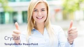  Presentation with thumbs up - Slides having attractive-woman-with-thumbs-up background and a sky blue colored foreground