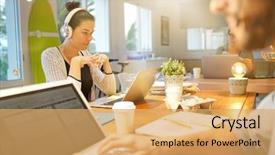  Presentation with fatherhood and working - Audience pleasing PPT layouts consisting of attractive woman working in co backdrop and a yellow colored foreground