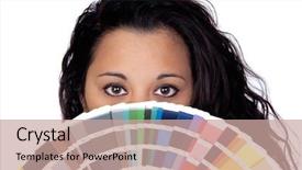  Presentation with sample - Amazing slides having attractive woman with a large sample of color isolated on a over white background backdrop and a coral colored foreground