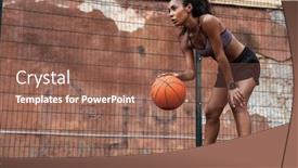  Presentation with playground - Colorful presentation design enhanced with attractive young african sportswoman playing basketball at the playground outdoors backdrop and a violet colored foreground