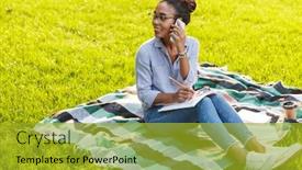  Presentation with taking notes - PPT theme featuring attractive young african woman wearing background and a gold colored foreground