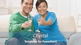  Presentation with toasting - Presentation having attractive young asian couple toasting champagne they are seated on a couch together and are smiling at the camera horizontally framed shot background and a teal colored foreground