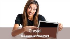  Presentation with advertising - Theme featuring attractive young asian indian teenage woman with laptop pointing at screen has advertising space background and a tawny brown colored foreground