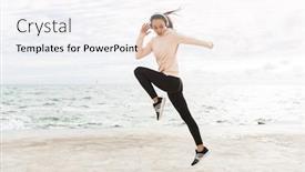  Presentation with seashore - Presentation theme with attractive young asian sportswoman exercising at the seashore wearing headphones jumping background and a sky blue colored foreground