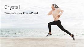  Presentation with seashore - Presentation theme with attractive young asian sportswoman exercising at the seashore running wearing headphones background and a white colored foreground