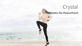  Presentation with seashore - Presentation featuring attractive young asian sportswoman exercising at the seashore wearing headphones jumping background and a white colored foreground