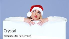  Presentation with red white blue - Slides featuring attractive young blond woman wearing a festive red santa hat pulling a quizzical expression as she leans on a blank white placard or sign with copyspace for your christmas text on blue background and a cool aqua colored foreground