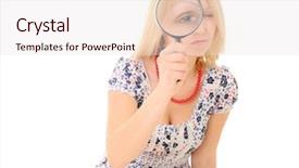  Presentation with blonde holding magnifying glass - Amazing PPT theme having attractive young blonde holding magnifying glass showing big eye backdrop and a sky blue colored foreground