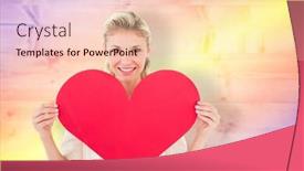  Presentation with purple heart - Colorful PPT theme enhanced with attractive young blonde showing red heart against yellow and purple planks backdrop and a lemonade colored foreground