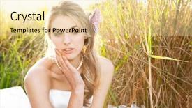  Presentation with pearls - Slides enhanced with attractive young bride wearing a white wedding dress and pearls is sitting with her head on her hand in the grass horizontal shot background and a blonde colored foreground
