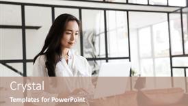  Presentation with laptop wireless - Beautiful theme featuring attractive-young-brunette-asian-woman backdrop and a coral colored foreground