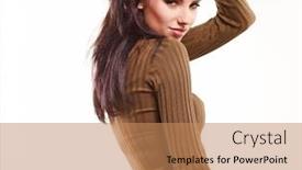  Presentation with shoulder - Colorful PPT theme enhanced with attractive young brunette woman model wearing stylish army green one shoulder design t-shirt backdrop and a coral colored foreground
