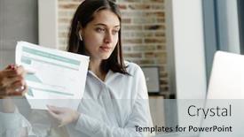  Presentation with video conference - PPT theme with attractive-young-brunette-woman-working background and a light gray colored foreground