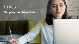  Presentation with taking notes - Slide set featuring attractive-young-brunette-woman-working background and a gray colored foreground