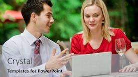 Presentation with discussion - Audience pleasing slides consisting of attractive young businessman and businesswoman having a discussion over wine at an outdoor restaurant backdrop and a lemonade colored foreground