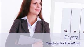  Presentation with desk - Slides enhanced with attractive-young-businesswoman-standing-near background and a sky blue colored foreground