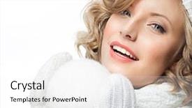  Presentation with rose flower - Slide deck with attractive young caucasian woman in warm clothing studio shot isolated on white smiling winter rose flower with snow ball background and a white colored foreground