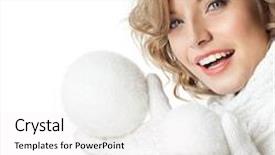  Presentation with rose flower - PPT layouts having attractive young caucasian woman in warm clothing studio shot isolated on white smiling winter rose flower with snow ball background and a white colored foreground