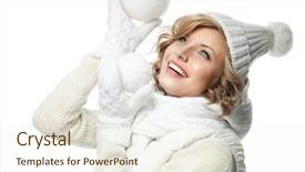  Presentation with rose flower - Audience pleasing theme consisting of attractive young caucasian woman in warm clothing studio shot isolated on white smiling winter rose flower with snow ball backdrop and a cream colored foreground