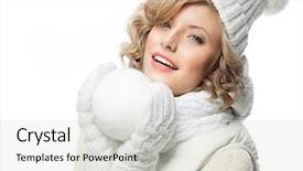  Presentation with rose flower - Presentation theme featuring attractive young caucasian woman in warm clothing studio shot isolated on white smiling winter rose flower with snow ball background and a lemonade colored foreground
