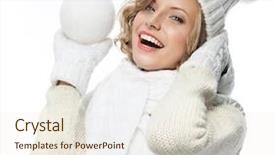  Presentation with rose flower - Cool new slide set with attractive young caucasian woman in warm clothing studio shot isolated on white smiling winter rose flower with snow ball backdrop and a sky blue colored foreground