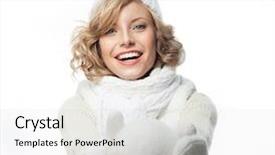  Presentation with rose flower - Presentation design enhanced with attractive young caucasian woman in warm clothing studio shot isolated on white smiling winter rose flower with snow ball background and a light gray colored foreground