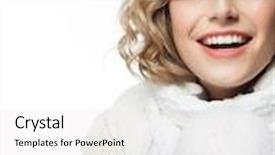  Presentation with rose flower - PPT theme consisting of attractive young caucasian woman in warm clothing studio shot isolated on white smiling winter rose flower with snow ball background and a white colored foreground