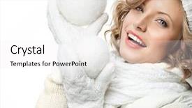  Presentation with rose flower - Cool new slide set with attractive young caucasian woman in warm clothing studio shot isolated on white smiling winter rose flower with snow ball backdrop and a white colored foreground