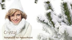 Presentation with snow tree - Amazing PPT layouts having attractive young caucasian woman in warm clothing in studio isolated on white smiling christmas tree covered with snow backdrop and a sky blue colored foreground