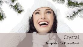  Presentation with snow tree - PPT layouts enhanced with attractive young caucasian woman in warm clothing smiling christmas tree covered with snow background and a light gray colored foreground