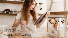  Presentation with recipe book - Audience pleasing PPT layouts consisting of attractive-young-cheerful-girl-baking backdrop and a coral colored foreground