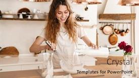  Presentation with baking - Beautiful PPT layouts featuring attractive-young-cheerful-girl-baking backdrop and a coral colored foreground