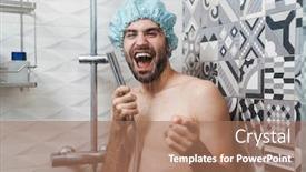  Presentation with cheerful - Beautiful presentation design featuring attractive young cheerful man singing while washing in the shower wearing shower cap and holding shower head backdrop and a coral colored foreground