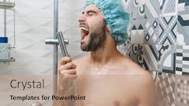  Presentation with cheerful - Audience pleasing presentation theme consisting of attractive young cheerful man singing while washing in the shower wearing shower cap and holding shower head backdrop and a coral colored foreground