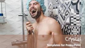  Presentation with save water shower head - Presentation featuring attractive young cheerful man singing while washing in the shower wearing shower cap and holding shower head background and a coral colored foreground