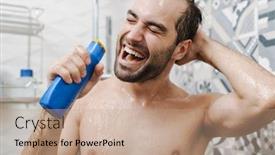  Presentation with shampoo - Presentation with attractive young cheerful man singing background and a coral colored foreground