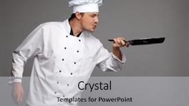  Presentation with frying - Presentation theme consisting of attractive young chef holding frying pan on grey background background and a light gray colored foreground
