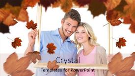  Presentation with picture frame - PPT theme enhanced with attractive young couple holding picture frame against autumn leaves pattern background and a coral colored foreground