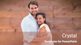  Presentation with bleached - Colorful presentation design enhanced with attractive young couple hugging and smiling at camera against bleached wooden planks background backdrop and a coral colored foreground