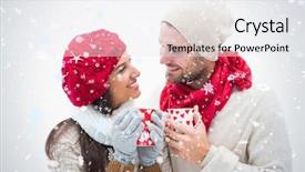 Presentation with falling snow - Presentation theme enhanced with attractive young couple in warm clothes holding mugs against snow falling background and a sky blue colored foreground