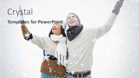  Presentation with falling snow - PPT theme featuring attractive young couple in warm clothes with arms up against snow falling background and a sky blue colored foreground