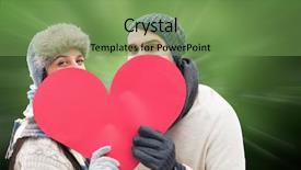  Presentation with dandelion - Beautiful presentation theme featuring attractive young couple in warm clothes holding red heart against digitally generated dandelion seeds on green background backdrop and a seafoam green colored foreground