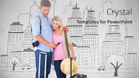  Presentation with ready - Amazing presentation theme having attractive young couple ready to go on vacation against white background backdrop and a light gray colored foreground
