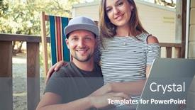  Presentation with rest - Slides having attractive young couple relaxing together in their rest summer house the woman is sitting on the man's lap and they are smiling at the camera happily background and a gray colored foreground